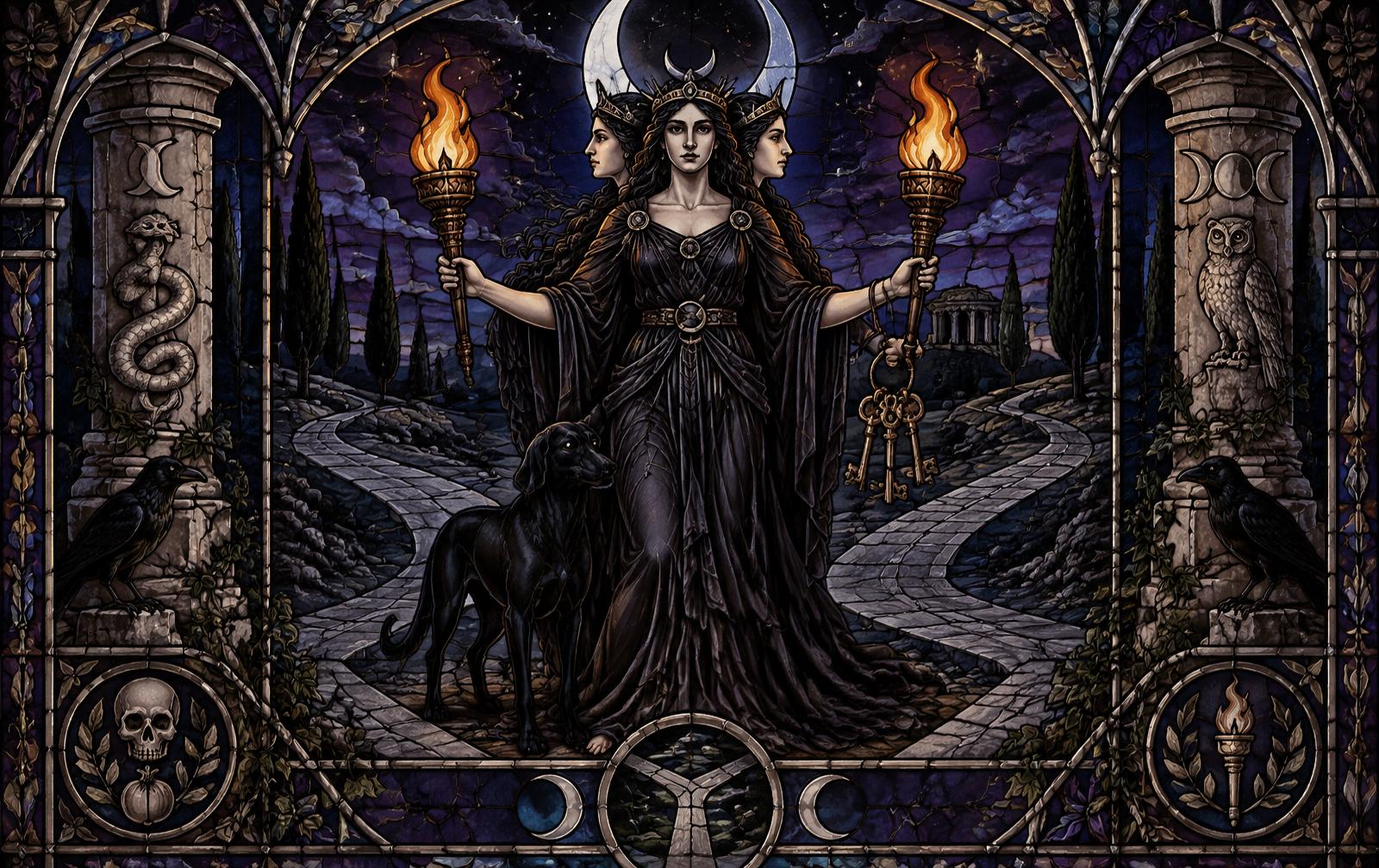 Stained-glass illustration of a triple-faced torchbearer standing where three moonlit roads meet