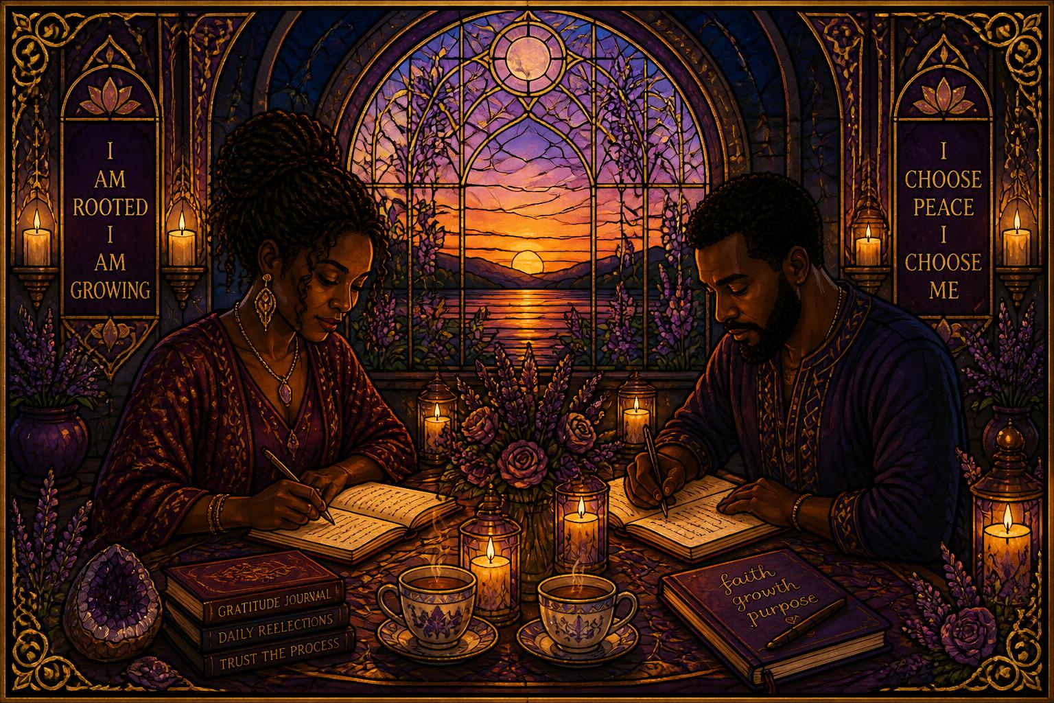 Stained-glass illustration of a woman and a man journaling by candlelight at sunset