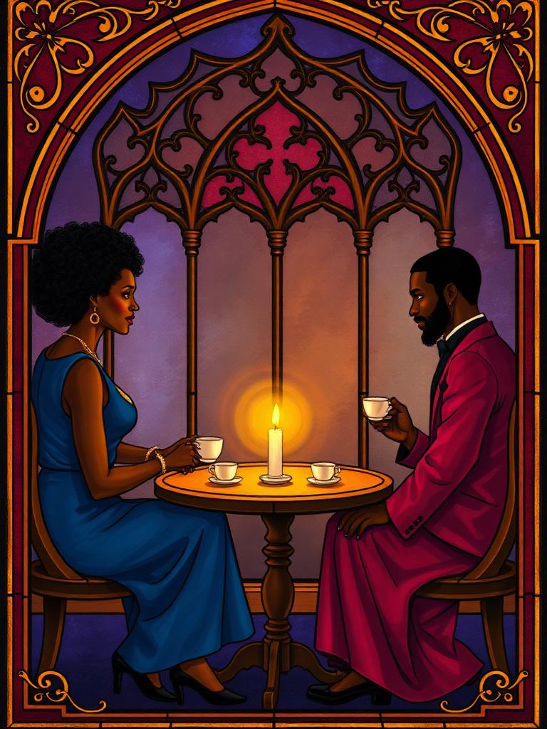 Stained-glass panel of two people in candlelit conversation over tea