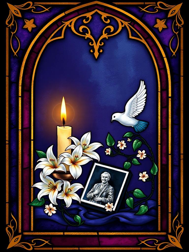 Stained-glass panel of a memorial candle, white lilies and a dove