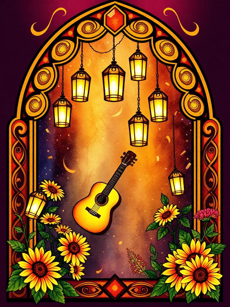 Stained-glass panel of lanterns, a guitar and sunflowers
