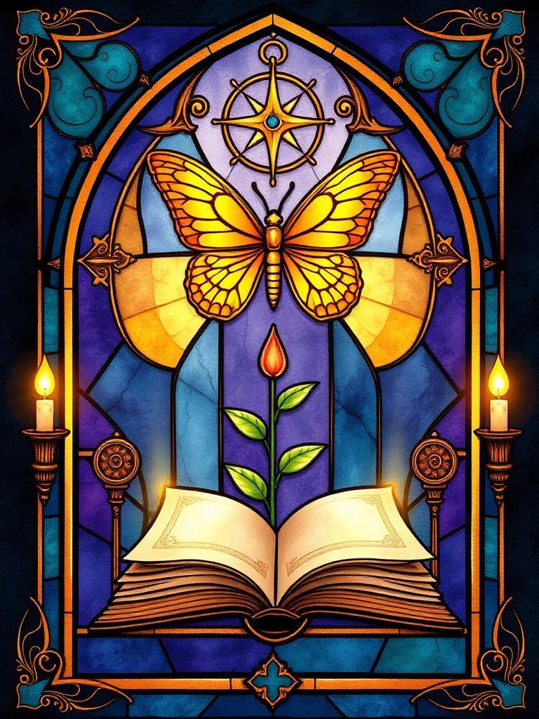 Stained-glass panel of a butterfly, compass, seedling and open book